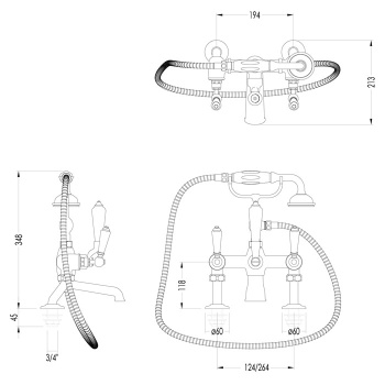 Смеситель для ванны Devon&Devon Black Dandy монтаж на бортик ванны с лейкой и шлангом ручки черные никель блестящий MARF40BNKSBD