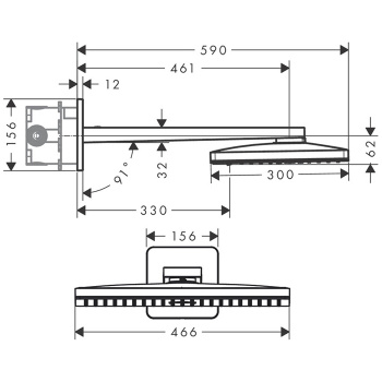 Axor ShowerSolutions Верхний душ 460 х 300мм, 3jet, с настенным держателем 460мм (скругл. края розет