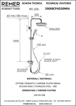 Душевая система Remer с ручным душем и шлангом и верхним душем хром (CR) 330X8CPAD20NRA