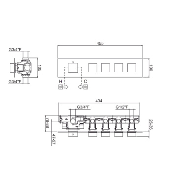 Внешняя часть горизонтальная для термостатического смесителя Carimali Ilquadro с 4-ю независимыми выходами хром 21040EST/O-CR