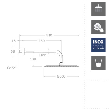 Верхний душ Ramonsoler настенный круглый нержавеющая сталь никель BHRM300NC
