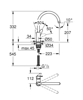 Смеситель однорычажный для мойки, GROHE BauCurve, хром, 31231001