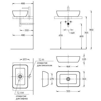Раковина PLAZA накладная Kerama Marazzi 55 5x36,3x13,5, без отв. под смеситель, без перелива, черная матовая PLR.wb.55\BLK.M