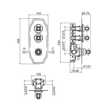 Внешняя часть вертикальная двухстороннего горизонтального термостатического смесителя с высокой пропускной способностью. хром Carimali Colonial 21024EST-CR