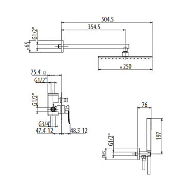Душевой комплект с встраиваемым смесителем Gattoni Soffio верхн душ 250х250, настен держ с подводом воды, ручн душ, шланг 1500, черный мат 8190/PDNO