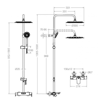 Душевая система Ramonsoler Blautherm термостатическая с изливом и с регулировкой высоты черная 945612RP300NM