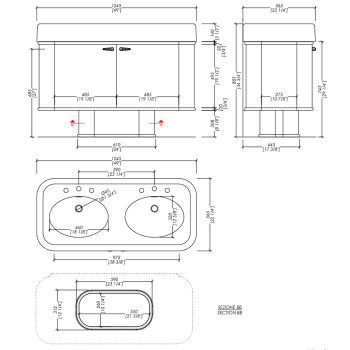 Тумба под раковину двойная Devon&Devon Liberty 124.5х88.3 с керамической раковиной WIDE BLUES на3 отв мебели RADICA DI NOCE глянец LIBRADINOWIBL*3