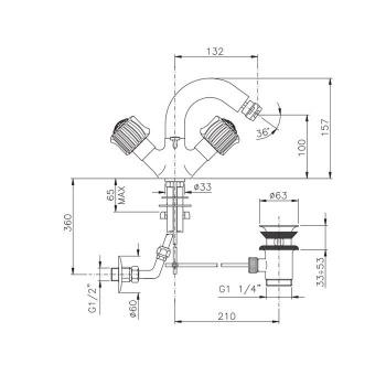 Смеситель для биде Nicolazzi Onice с 2мя ручками, с донным клапаном, излив: 132мм, золото 2134GO09O