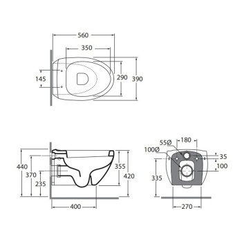 Биде подвесное Azzurra Clas+ 56x38.5см c 1 отверстием, c креплением KIT 2000 CF, белый матовый CLP 500M/SOSK bi matt*1
