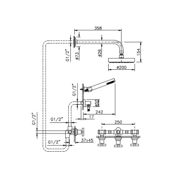 Душевая система Nicolazzi Mac Kinley 05 встраиваемая, с двухвентильным смесителем, перекл, верх душ 200 мм., душ компл и подводом воды, хром 2233CR29