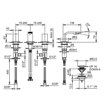 Смеситель для биде Fantini Venezia In 3 отв., с донным клапаном, излив 135, Matt Gun Metal PVD 29 P5 N509S