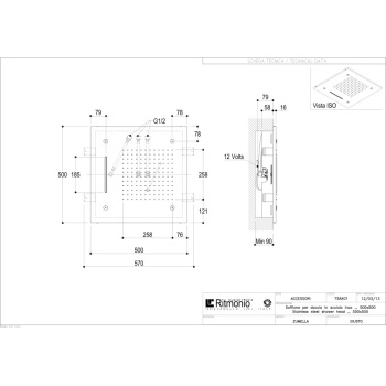 Верхний потолочный душ Ritmonio Shower 500х500 мм нержавеющая сталь 75AX01INOX