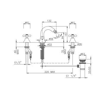 Смеситель для биде Nicolazzi Nuova Brenta на 3 отверстия, с донным клапаном, излив: 132мм, gold brass 2515GB