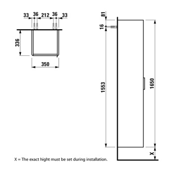 Laufen Base высокий шкаф 350x335x1650 мм, 1 дверца, петли слева, 1 фиксированная полка, 4 стеклянные полки, дизайн совпадает со шкафами под раковину,