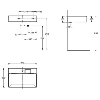 Раковина LOGICA подвесная с одним отверстием Kerama Marazzi 70x48 14,5, с 1 отв.под смеситель, с переливом, белая глянцевая LO.wb.70.1