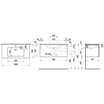 Laufen PRO S комплект: шкафчик с раковиной, 1000х500х460 мм, с раковиной Slim 1000 мм, 1 внутренний ящик, вкл.органайзер для ящика, белый матовый