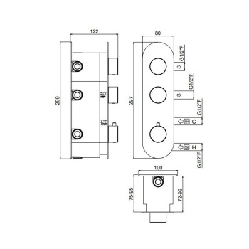 Внешняя часть вертикальная термостатического смесителя Carimali Iltondo с 2 запорными вентилями хром 21027EST/A-CR