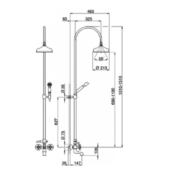 Смеситель для ванны с душевой стойкой Cisal Arcana верхним душем 200 мм., ручным душем и шлангом 1500 мм.. Old Bronze AC00415127