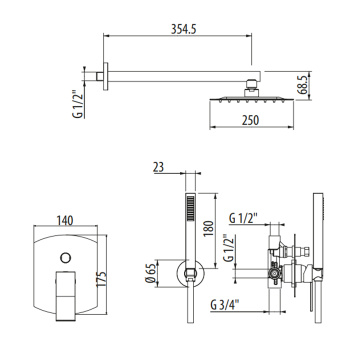 Комплект для душа со смесителем Gattoni Ely верхним душем 250х250 и ручной лейкой, хром 8890/PDC0