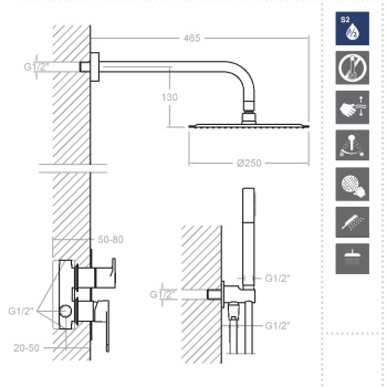 Смеситель для душа Ramonsoler Alexia встраиваемый с тропическим и ручным душем золото K3615021OC