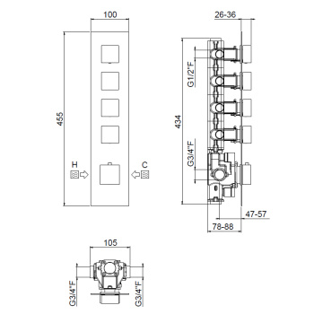 Внешняя часть вертикальная для термостатического смесителя Carimali Ilquadro с 4-ю независимыми выходами хром 21040EST-CR