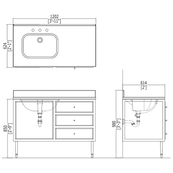 Тумба под раковину Devon&Devon Jazz 120,2 с дверцей и 3мя выдвижными ящиками фурнитура, золото. Материал - МДФ снаружи высокоглянцевый лак B2