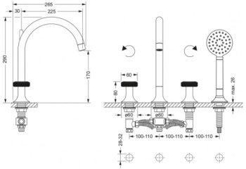 Смеситель для ванны Jorger Valencia 638.40.105.000-12 chrome/black crystal handles/ceramic interior upper part