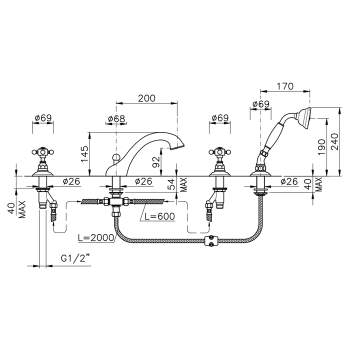 Смеситель на борт ванны с душем Nicolazzi Half Dome Crystal на 4 отверствия, излив: 200 мм, хром 1404CR93