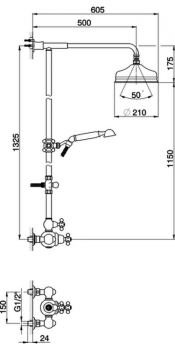 Душевой комплект Cisal Arcana Ceramic термостатический смеситель, стойка с верхним душем, лейка+шланг, хром AC00407021