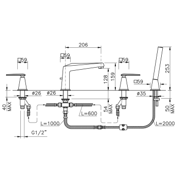 Смеситель на борт ванны Nicolazzi Vincent Смеситель на борт ванны с ручным душем 1004CR28