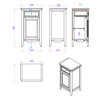 Тумба под раковину Tw Veronica 50.2/45x40/37.4xh86.7, 1 распашная дверка 1 выдвижной ящик, доводчики Blum, петли слева-SX,, vintage, ручки riflesso VER2150S-V