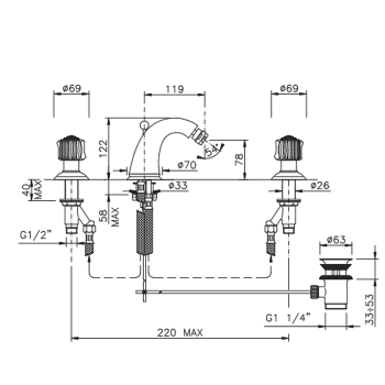 Смеситель для биде Nicolazzi Onice на 3 отвертствия с донным клапаном, излив: 119 мм, хром 2115CR09O