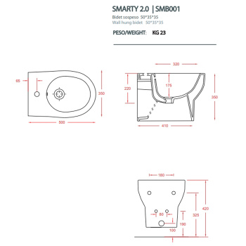 Биде подвесное ARTCERAM/HIDRA SMARTY 35х50, с 1 отв под смеситель, белый SMB001 01 00