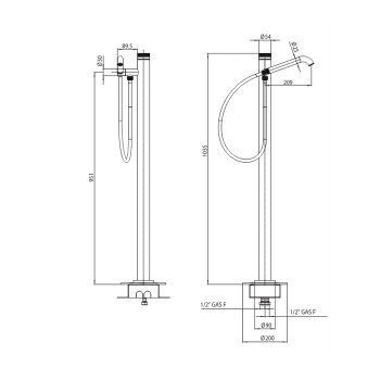 Смеситель прогрессивный напольный д/ванны Bossini Nobu из нержавеющей стали. высота 103 см х Ø 54 mm.. цвет Mat brushed S.S.
