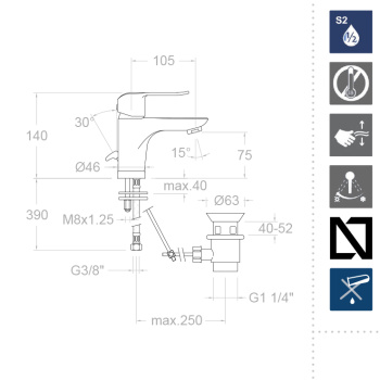 Смеситель для раковины Ramonsoler Ypsilon с холодным открытием и донным клапаном plus 6491VA9065