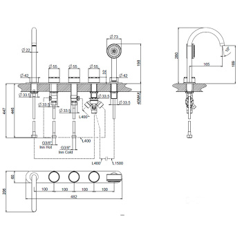 Смеситель для ванны на панеле с изливом Carimali Still Oh на 2 потребителя воды, выход G 1/2, латунный ручной душ, хром (укомплектован встройкой) 0-STL6501-CR