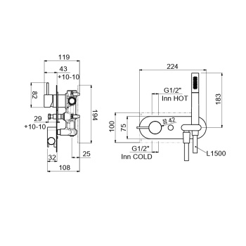 Внешняя часть скрытого смесителя для душа Carimali IlTondo на 2 потока воды, ручной душ ONE JET латунный, хром 0-ITD5705EST-CR