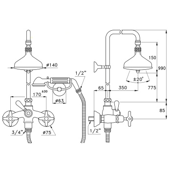 Душевой комплект Stella Italica 3284/33-140: смеситель, штанга+ручной+верхний душ 140 хром IT 02511 CR00