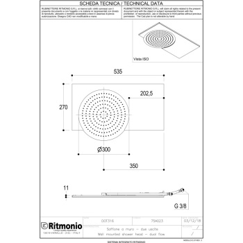 Верхний душ Ritmonio Shower DOT316 535х270 мм из стены нержавеющая сталь 75A023INOX