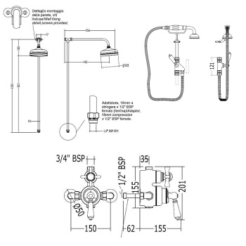 Ручной душ с переключателем и держателем Devon&Devon для термостата MARM74 и душа на стойке MARK3182 с ручкой черной хром MARK618CRBD