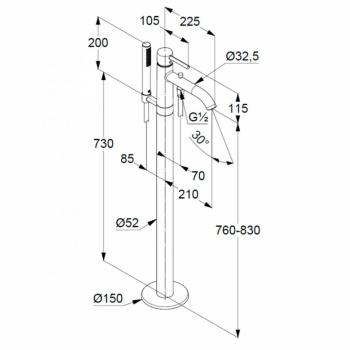 Kludi 38 590 0576 Bozz Смеситель для ванны напольный 760-830 мм (внешняя монтажная часть)