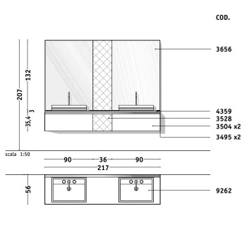 Зеркало Vitage Milldue Edition Four Seasons BRISTOL 2160, 900х360х900, х1260х50, рама сталь, центральный сегмент из стеганой экологической кожи, crema 1150.412.98