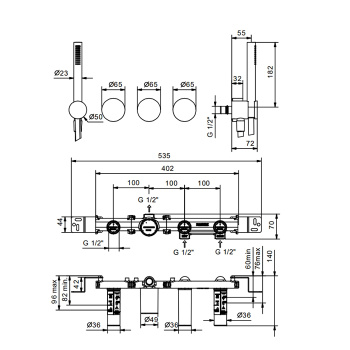 Встроенный смеситель для ванны Fantini Af/21 на 2 потока, ручная лейка FIT, гибкий шланг 150 см, наружная часть, Matt Gun Metal PVD 27 P5 A817B