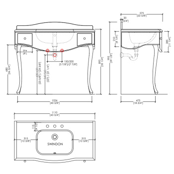 Консоль Devon&Devon Audrey 111х57,5хh89,5/99,5 мрамор NERO MARQUINHA c 3отв, корпус, черн.с кантом белым, ножки, хром без раковины SWINGDON DEAUDRNMACR/DBcprPW/LS-SWINDON/3F