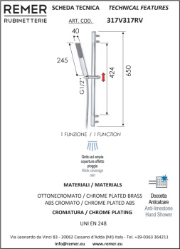Душевая стойка Remer Infinity 50см овальн.сечение с ручн. душем и шлангом 317V317RV
