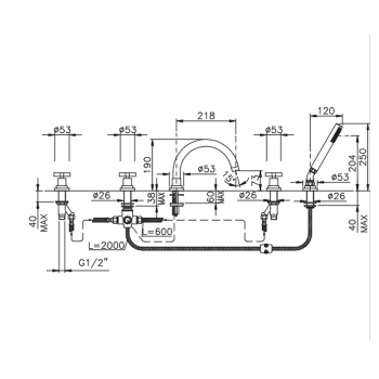 Смеситель на борт ванны Nicolazzi Monte Croce Смеситель на борт ванны с ручным душем на 5 отв 2214CR27