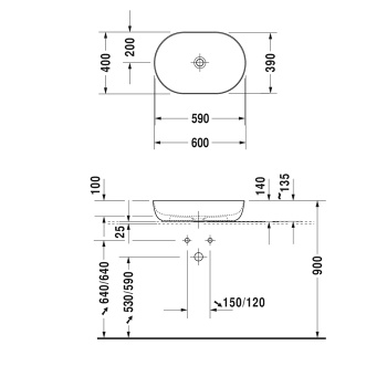 DURAVIT LUV Раковина 600х400 мм., для установки на столешницу, без перелива, без отверстий для смесителя, цвет внутри белый, снаружи белый матовый