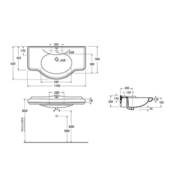 Раковина со спинкой Azzurra Jubilaeum 112x62см с 3 отв под смеситель, белый JULP1106200TBI (JUB200/110T bi)*3