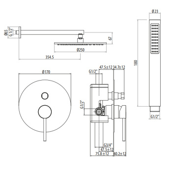 Комплект для ванны со смесителем двстроенным Gattoni Circle One на 2 вых, ручной лейкой и верхним душем 250, хром 9090/PDC0