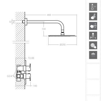 Смеситель для душа Ramonsoler Tzar встраиваемый термостатический с тропическим душем K3424012